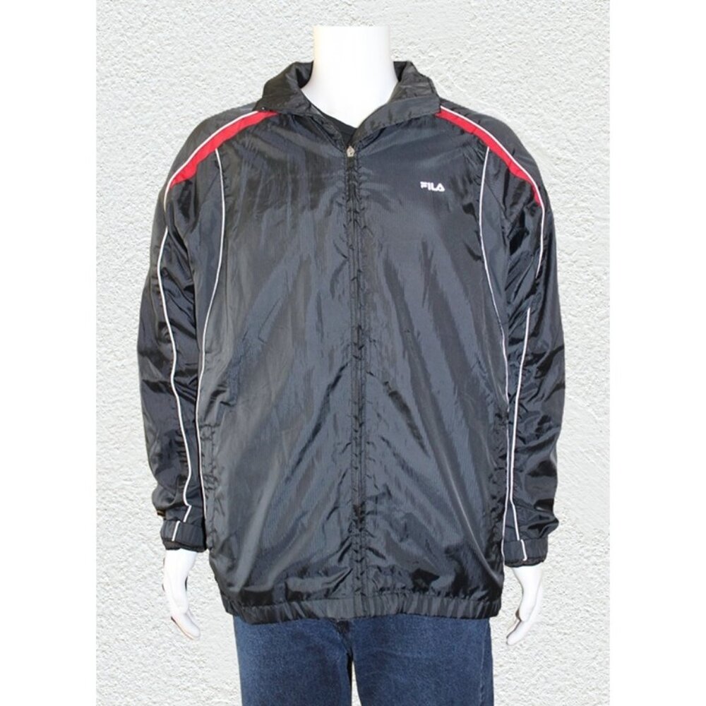 FILA Windbreaker Jacket - Retro Black with Red & White Trim - Unisex Size XL